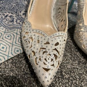 Betsy Johnson sparkle heels, size 9, silver/cream
